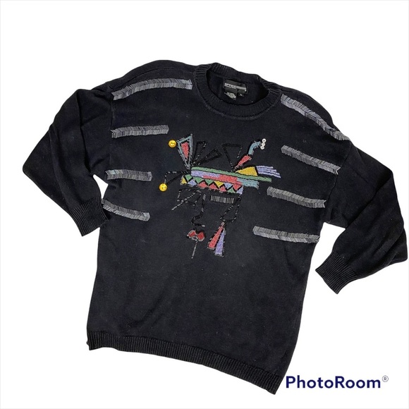 Vintage Sweaters - VINTAGE SPREE INT’L Black Sequin 80’s Ramie Cotton Sweater Large